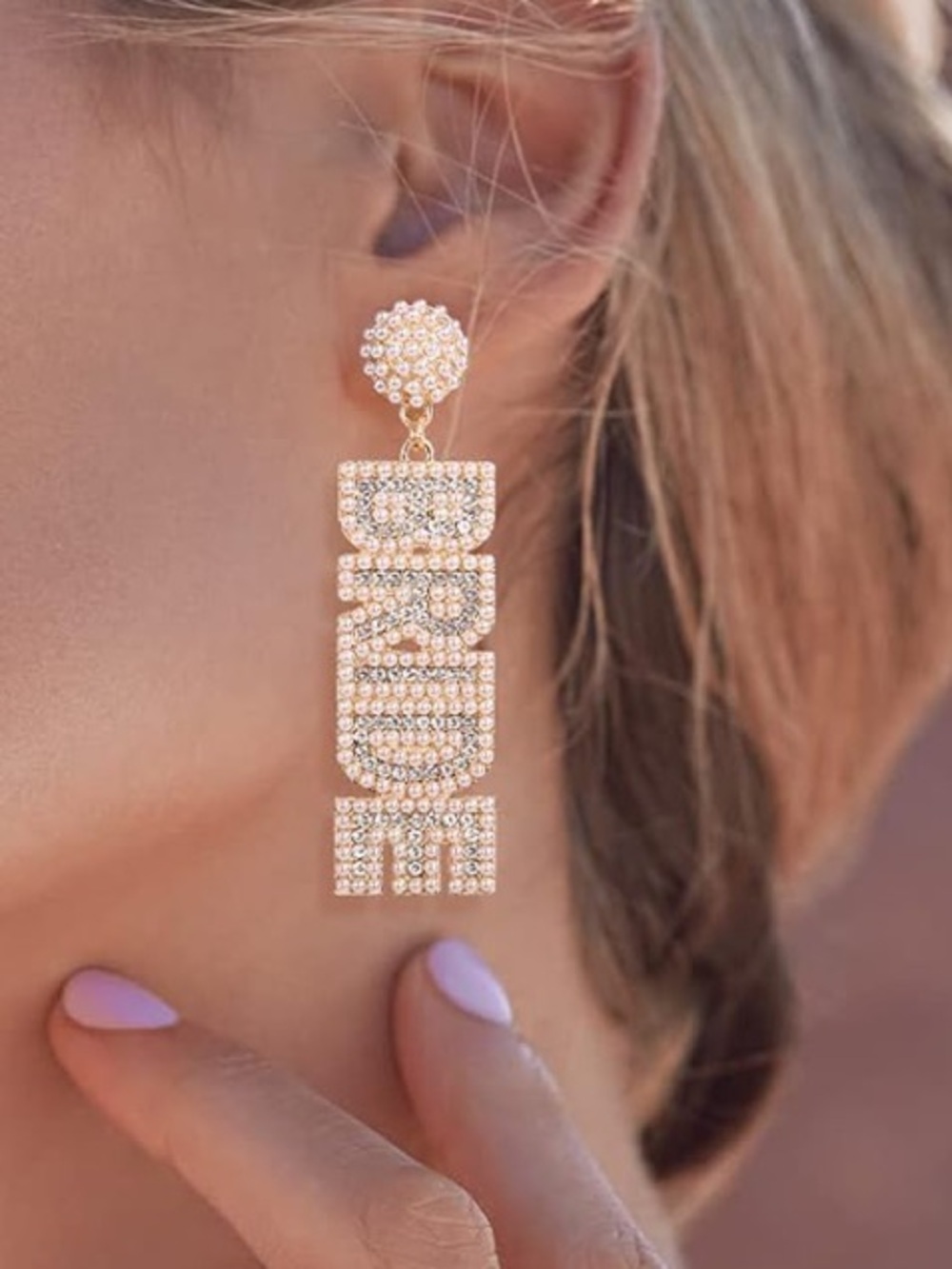 Anthropologie Gold and Pearl 'BRIDE' Crystal Drop Earrings - Picture 2 of 4